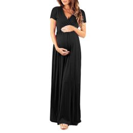 2021 New Summer Maternity Dress Pregnant Women Maxi Dress Fashion New Elegant V-neck Short Sleeve Dress For Pregnancy Femme Robe Q0713