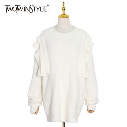 TWOTWINSTYLE Loose Knitted Solid Sweater For Women O Neck Long Sleeve Casual Knitted Tops Female Fashion Clothing 210517