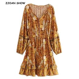 2 CLR Bohemian Women Leaves Floral Print Dress Holiday Open button Tassel Bandage Lacing up Waist Long Sleeve Short Dresses 210429