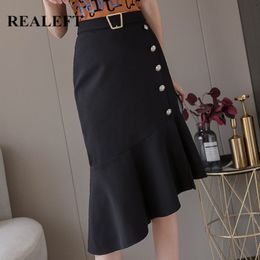 Spring Summer Work Wear Sheath Wrap Midi Skirts Single Breasted Elegant Korean OL Style Ruffles Pencil 210428