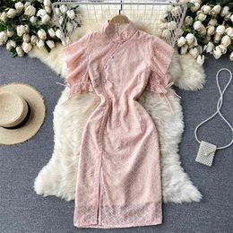 Women Improved Cheongsam Fashion Stand Collar Pleated Wood Ear Slim Sweet Flying Sleeve Dress Vintage Vestidos S632 210527