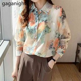 Women Fashion Elegant Chiffon Blouses Long Sleeve Turn-down Collar Shirt Floral Print Office Blouse Female Blusas 210601