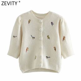 Women Sweet Birds Embroidery Short Knitting Sweater Female Pleats Puff Sleeve Breasted Cardigans Chic Tops S547 210420