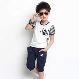 LOVE DD&MM Boys Clothing Sets Summer Children Clothing Girls Casual Striped Anchor Stitching Sport T-shirts + Pants Suits 210715