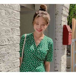 Plus Size Summer Girls Boho Party Chiffon Female Vintage Dress green dot short Sleeve Women Dresses Robe Vestido 210417