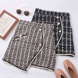 Tweed Skirts for Women Solid High Waist Slimming Skirts Autumn Spring Buttons Double Breasted Tweed Wool Mini Skirt 210412