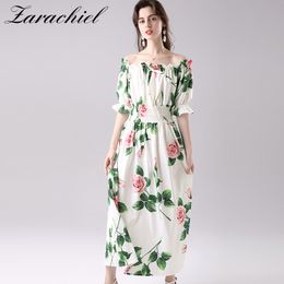 Summer Runway Designer Off Shoulder Elastic Waist Holidays Dresses Women Slash Neck Rose Floral Print Vacation Maxi Dress 210416