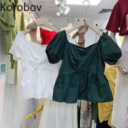 Korobov Korean New Summer Sweet Women Blouses Elegant Puff Sleeve Shirts Fashion Square Collar Blusas Mujer 210430