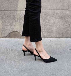 Dress Shoes Pointy toe shallow office ladies pumps back strap buckle black flock thin high heels fashion summer comfy dress woman shoes 220315