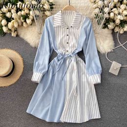 Kimutomo Striped Patchwork Shirt Dresses Women Preppy Style Spring Summer Turn-down Collar Slim Waist Vestido Feminino 210521