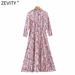 Women Sweet Agaric Lace Pink Floral Print Casual Pleated Midi Dress Female Three Quarter Sleeve Party Vestido DS4910 210420