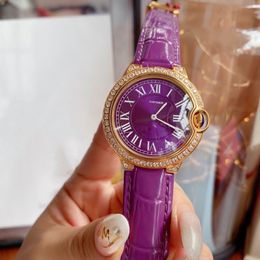 Fashion Ladies Quartz watches Elegant Rhinestone Purple Leather Watch for Women Stainless Steel roman Numbers Bracelet 36mm