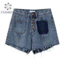 Single Breasted Buttons Shorts Denim Pants Or Jeans Buttoms Tie Dye Tassel Retro Sexy Y2K Spliced Blue Egirl Trendy Clothes 210417