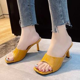 Fashion Square Toe Weave High Heels Shoes Women Slippers Leather Luxury Designer Ladies Street Beach Sandals Slides Shoes 210611