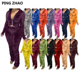 PING ZHAO Autumn And Winter New Selling Women's Wear Solid Colour Pleated Hooded Zippered Long Sleeve Top + Pants Two Piece Suit Y0625