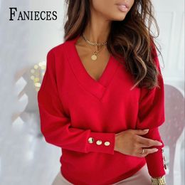 Women V-neck Sweater Blue Red Long Sleeve Pullover Spring Autumn Casual Jumper Sweaters pull femme kpytomoa 210520