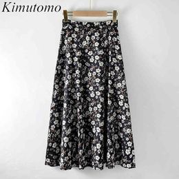 Kimutomo Vintage Women Floral Skirt Spring Autumn French Style Ladies High Waist A-line Chiffon Skirt Elegant Fashion 210521