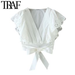 TRAF Women Sweet Fashion Hollow Out Embroidery Cropped Blouses Vintage Ruffled Bow Tied Female Shirts Blusas Chic Tops 210415