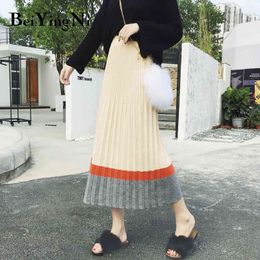 Beiyingni Maxi Women Skirt Spell Color Vintage Autumn Winter Thick Warm Knitted Chic Casual High Street Long Fashion Midi Skirts 210416