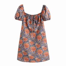 Summer Women Vintage Floral Printing Square Collar Mini Dress Female Puff Sleeve Clothes Casual Lady Loose Vestido D7691 210430
