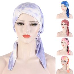 Hijab Floral Two-tail Skullies Tie-dye Turban Hat Beanies Curved Cap Versatile Muslim Hat Chemo Head Scarf Turban Underscarf Fashion Hair Accessories