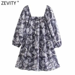 Zevity Women Vintage Square Collar Ink Floral Printing Casual Loose Mini Dress Female Chic Summer Puff Sleeve Vestido DS8168 210603