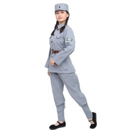 Anti giapponese War Stage Wear Linen Linen Militare Abbigliamento per esibizione Cinese Otto percorsi e nuove vie dell'esercito azzurro blu chiaro