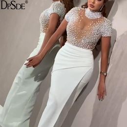 Casual Dresses 2021 Women White Short Sleeve Bodycon Dress Club Party Beading Elegant Lady Fashion