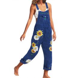 Womens Jumpsuits Rompers 2021 Summer Women Casual Bib Overall Dungarees Sunflower Print Pockets Denim Loose Overalls