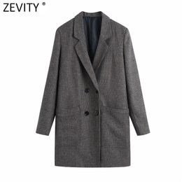 Women Vintage Houndstooth Plaid Long Blazer Coat Office Lady Double Breasted Casual Chic Outwear Suit Tops CT642 210416