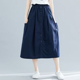 Johnature Casual Skirt Solid A-line Women Clothes Pockets Mid-calf Natural Loose Comfortable Simple Women Skirt 210521