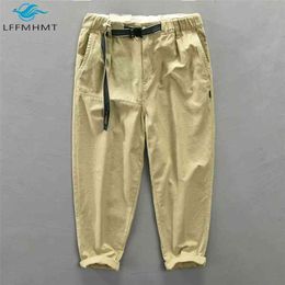 Spring Fall Safari Style Japan Harajuku Cargo Pant Male Casual Loose Solid Color Simple Trouser Cotton Soft Streetwear With Belt 210715