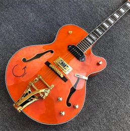 Orange G6120 Eddie Cochran Tribute Jazz Semi Hollow Body Electric Guitar Bigs Tremolo Bridge, Black P 90 Pickup, Gold Hardware, Double F Holes