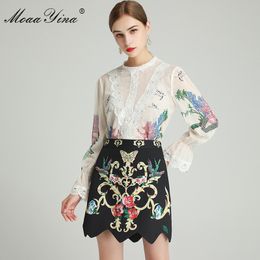 Fashion Designer Set Spring Women's Flare Sleeve Lace Blouses Tops+Beaded Embroidery skirt Print Two-piece sets 210524