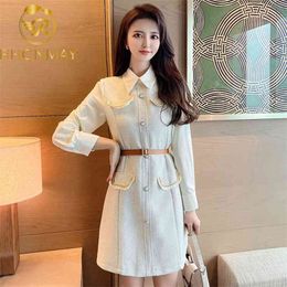 Autumn and Winter Fashion Designer Tweed Dress Women Splicing Shirt Long Sleeve Slim Frenulum Woollen Short 210506