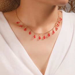 Luxury Water Drop Red Rhinestone Tassel Chain Choker Necklace for Women Gold Collor Handmade Party Jewelry Gift