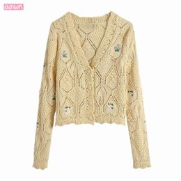 Fashion V-neck Long-sleeved Hollow Embroidery Flowers Women Sweater Coat Vintage Knit Cardigan Chic Female Tops 210507