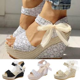 Sandals For Women 2021 Fashion Solid Color Summer Ladies Bandage Slope Heel Casual Beach Shoes Zapatos Mujer