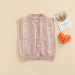 Girls Casual Knitted Vest Knitwear Knitcoat Heart Printed Pattern Round Collar Button-down Waistcoat, Pink/ Black Apricot Y1024