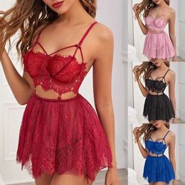 Women Lace Flower Bra + Mesh Short Skirt + Thong 3pcs Set Sleepwear Nightwear Ladies Sexy Lingerie Outfits Y0911