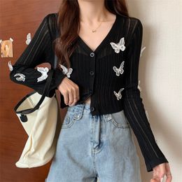 QNPQYX Women Summer Short Butterfly Decoration Cardigan Shirts Female V Neck Solid Thin Knitted T- Shirt Flare Sleeve Crop Tops