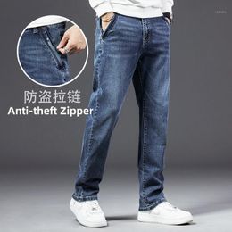 Jeans masculinos anti-roubo zíper perna reta outono / inverno 2021 grossa cintura alta estiramento calça casual tamanho gordo 28-44
