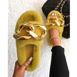 Furry Slides Gold Chain Plush Slippers Fluffy Flip Flops Designer Faux Cosy Slip On Flats Women's Fashion Shoes 210914
