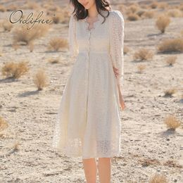 Summer Vintage Women White Lace Single Breasted Long Sleeve Sexy Tunic Vacation Beach Dress 210415
