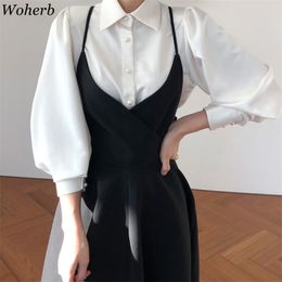 Women Dress Korean Elegant Suit Puff Sleeve White Shirt High Waist Backless Chic Two Piece Sets 4H894 210519