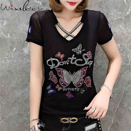 Summer Korean Style Mesh T-Shirt Fashion Sexy Hollow Out Shiny Diamonds Women Tops Short Sleeve All Match Tees T14406A 210421