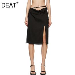 High Elastic Waist Half-body Skirt A-line Women Black Patchwork Asymmetrical Bandage Fashion Tide Summer 7D0801 210421