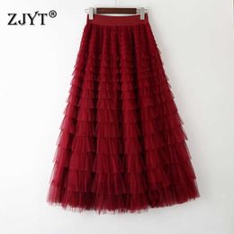 Summer Designers Fashion Elastic Waist Ruffles Layered Gauze Celebrity Party Long Cake Skirts Women 210601