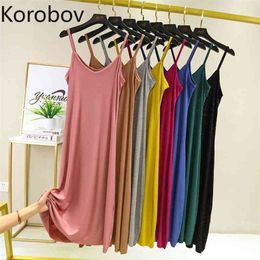 Korobov Summer Loose Casual Women Dress Korean Solid Spaghetti Strap Dresses A-Line Slash Neck Home Vestidos 210430