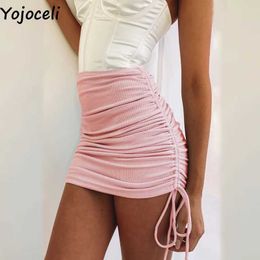 Yojoceli Elegant pleated sexy short bodycon skirts Autumn knitted club casual skirt Female black mini bottom 210609